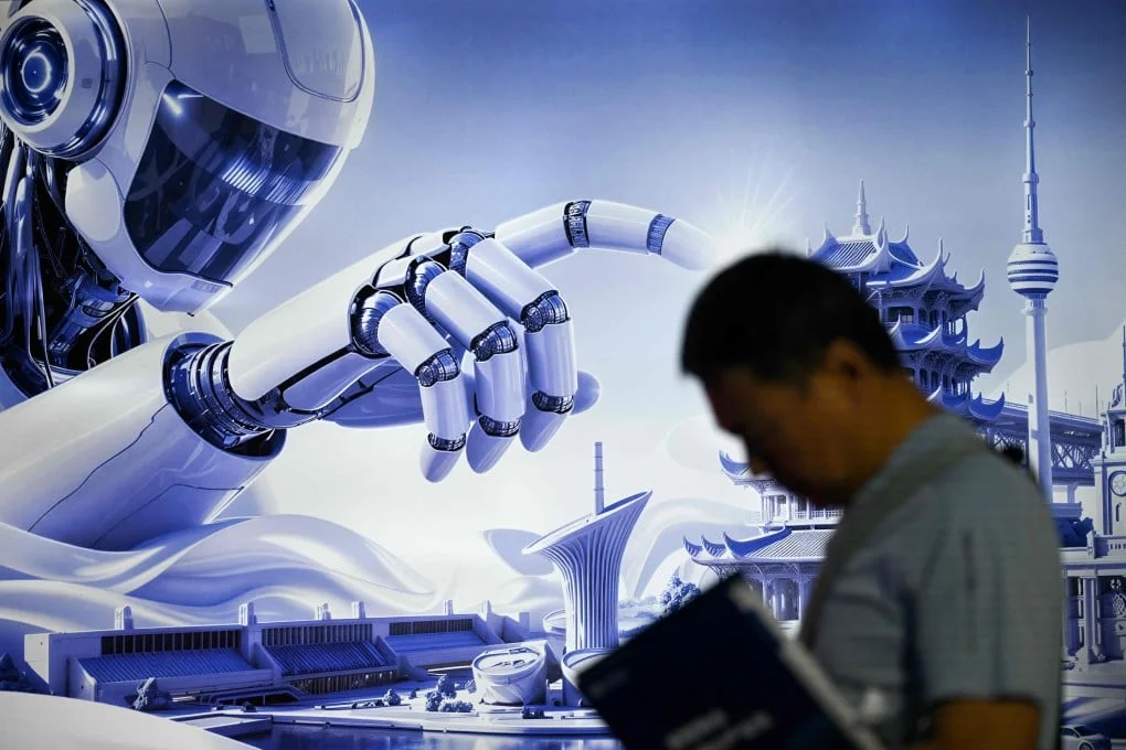 A man stands next to a poster of a humanoid robot during the China International Supply Chain Expo in Beijing on June 25, 2026. Photo: AFP
