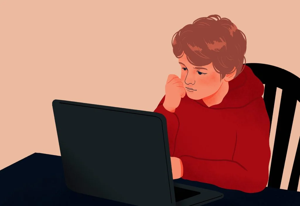 Illustration of a boy doing homework, using laptop at dining table