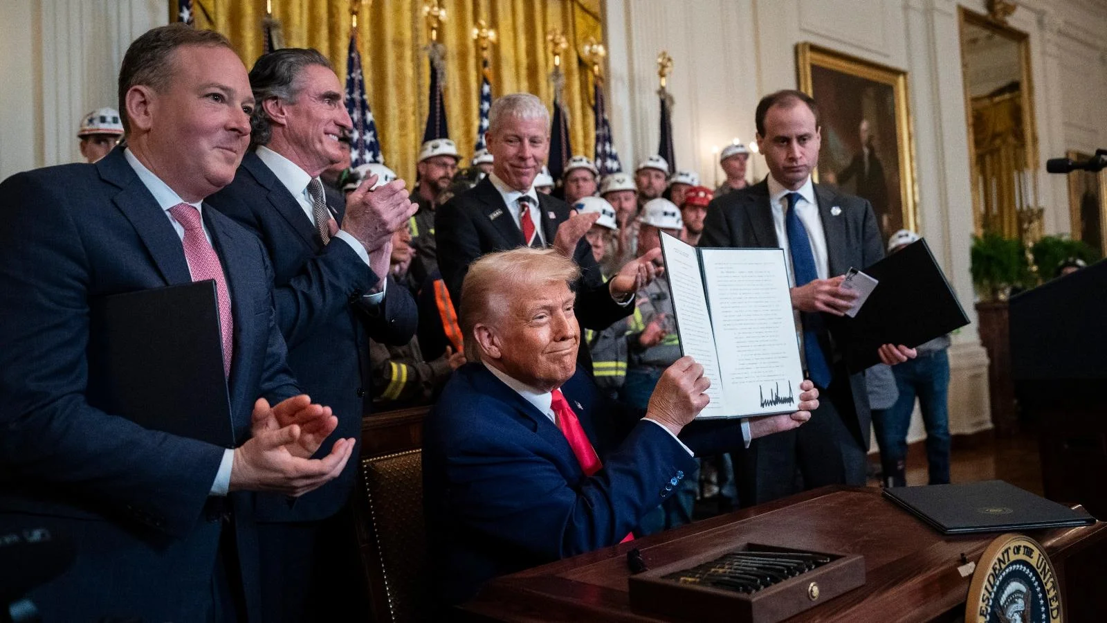 President Trump is joined by Energy Secretary Chris Wright, EPA Administrator Lee Zeldin, and representatives from the coal industry as he signs an executive order to boost coal power.