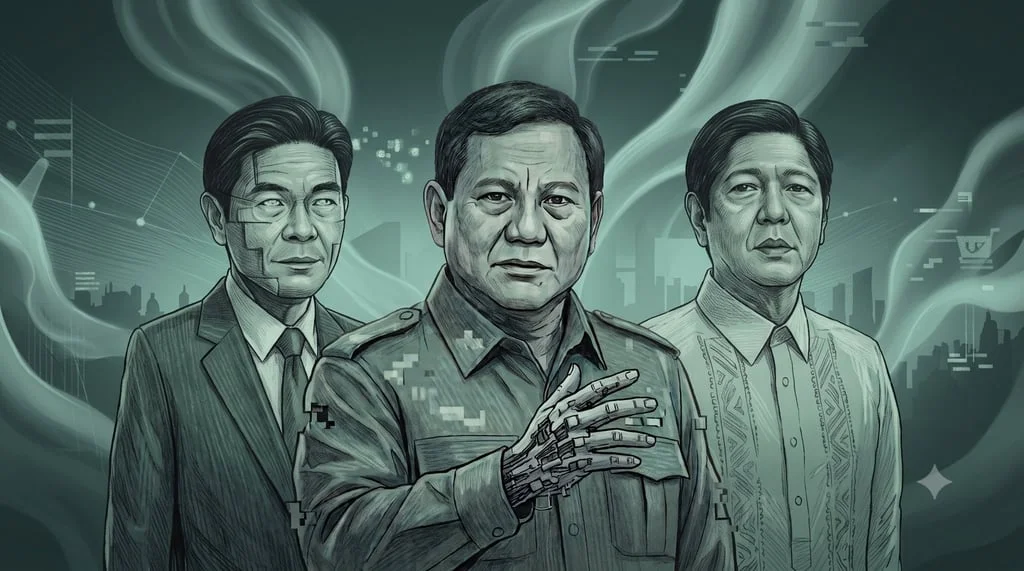 AI-generated deepfakes of Southeast Asian leaders are increasingly being used by online scam syndicates. This illustration was produced with the assistance of Google’s Nano Banana. Illustration: Greg Fountain