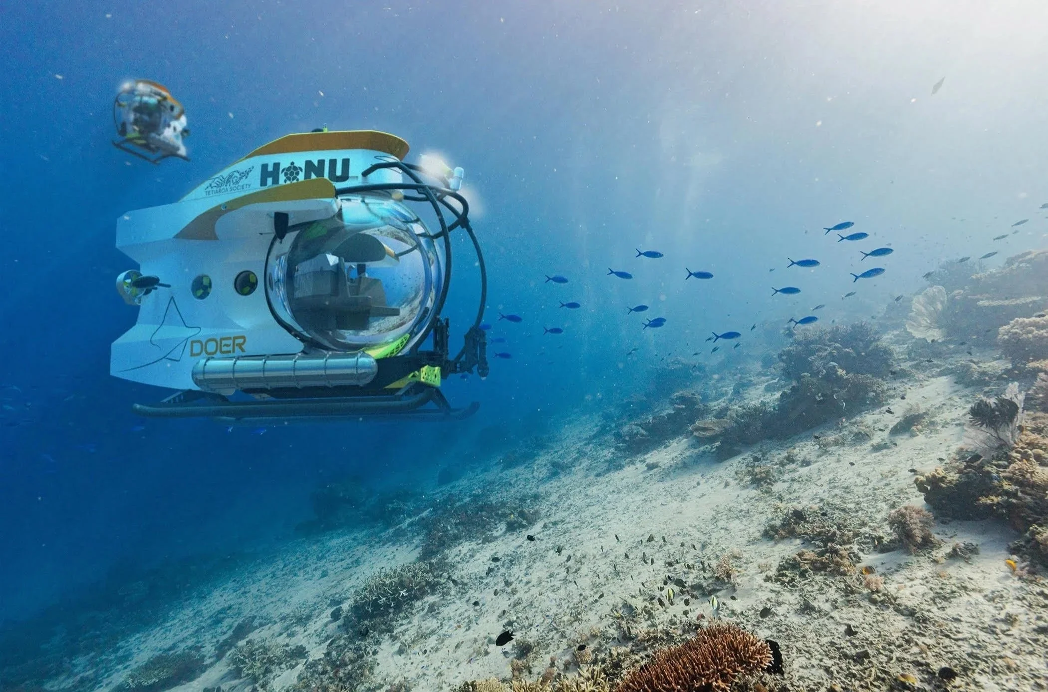 A Honu submersible is seen underwater in this image from DOER Marine. The sub will make its first dive in French Polynesia later this year