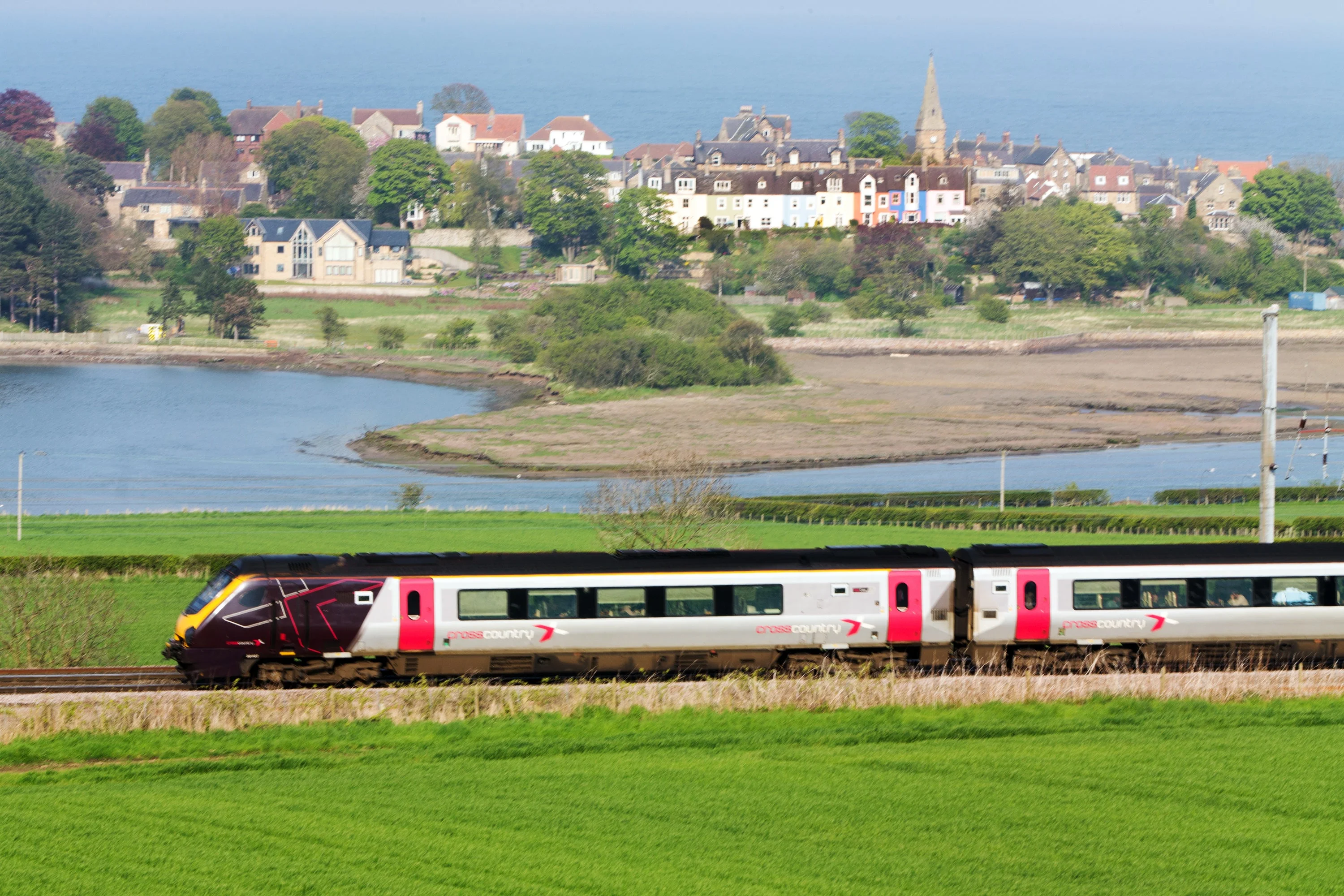 A CrossCountry train on the East Coast Main Line route, passing Alnmouth