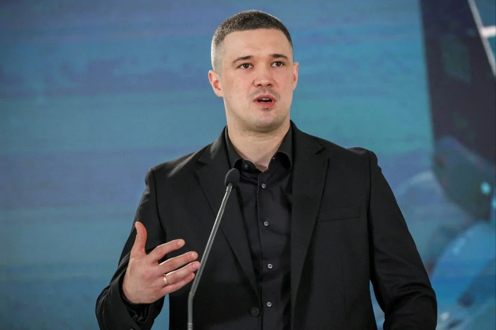 Mykhailo Fedorov speaks at a press conference in Kyiv, Ukraine on July 1 when he Ukraine’s defence minister. Photo: Reuters