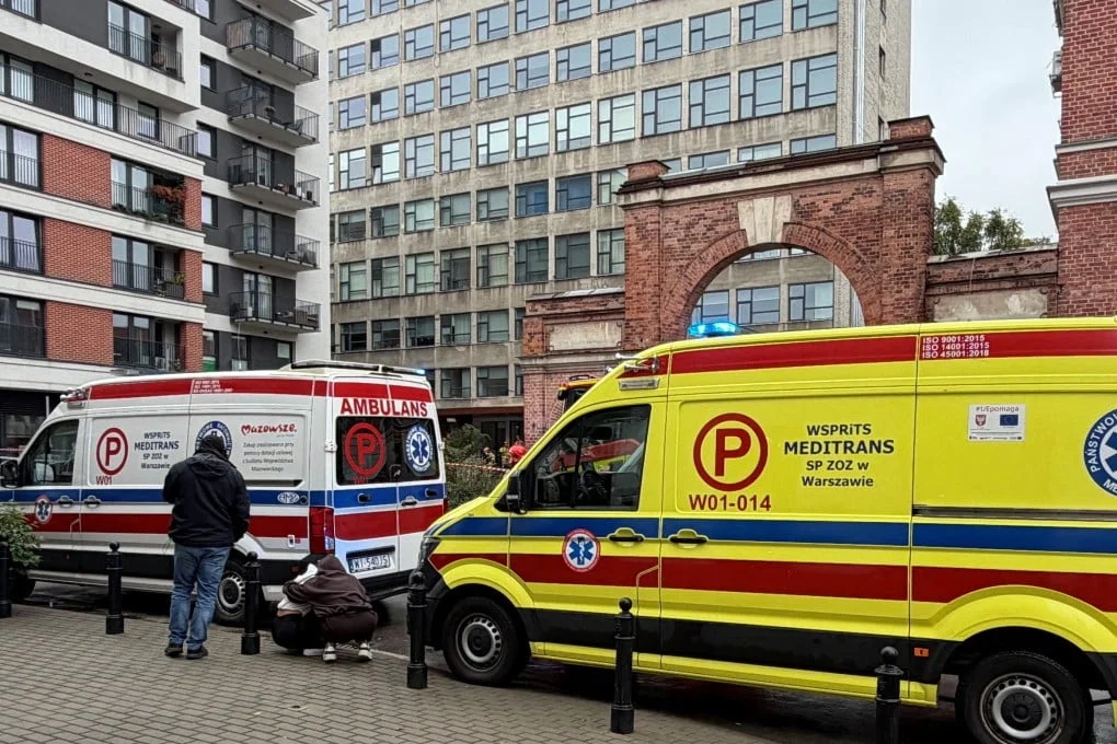 Ambulances stand outside a TEB Edukacja post-secondary school building following a knife attack on Minska Street in Warsaw, Poland, on Saturday. Photo: via Reuters