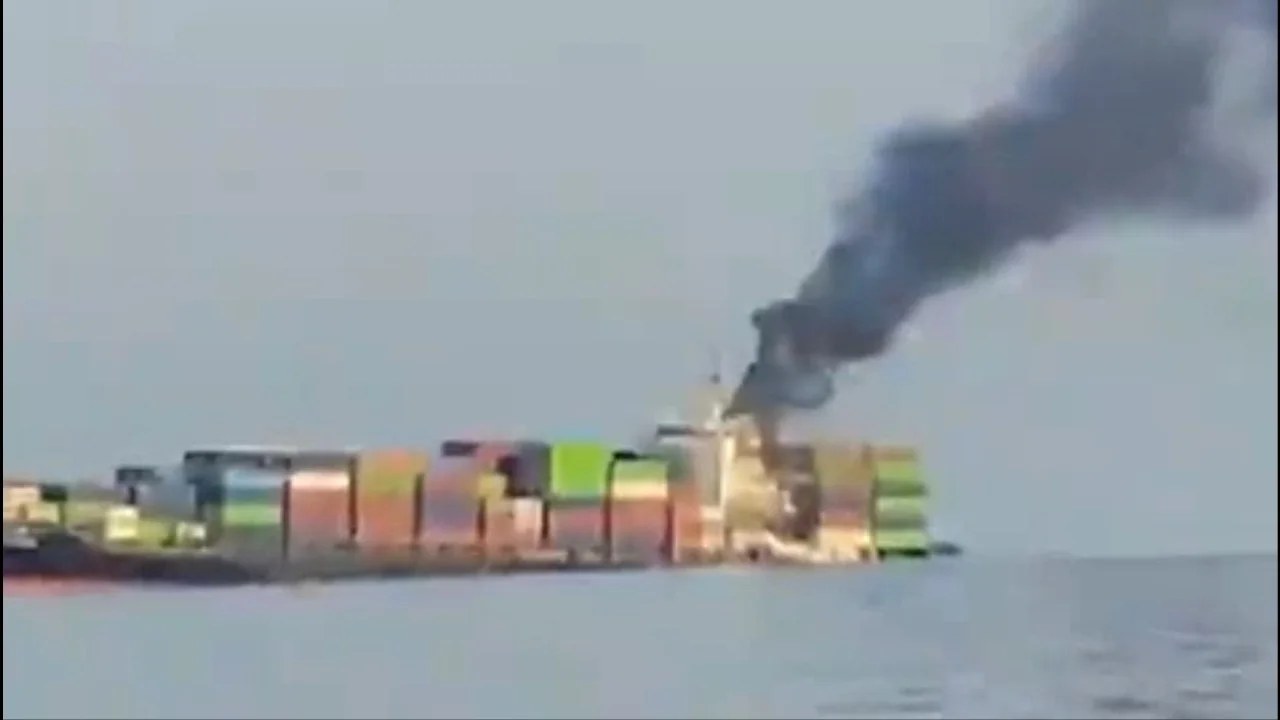 Iran release footage claiming to show container ship sunk in Strait of Hormuz after hitting mine