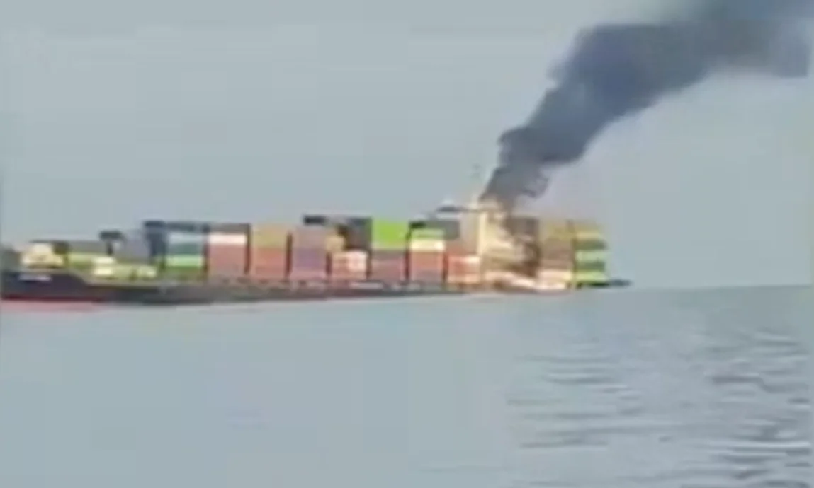 Screengrab of a video released by Iran claiming to show a sinking ship in the Strait of Hormuz