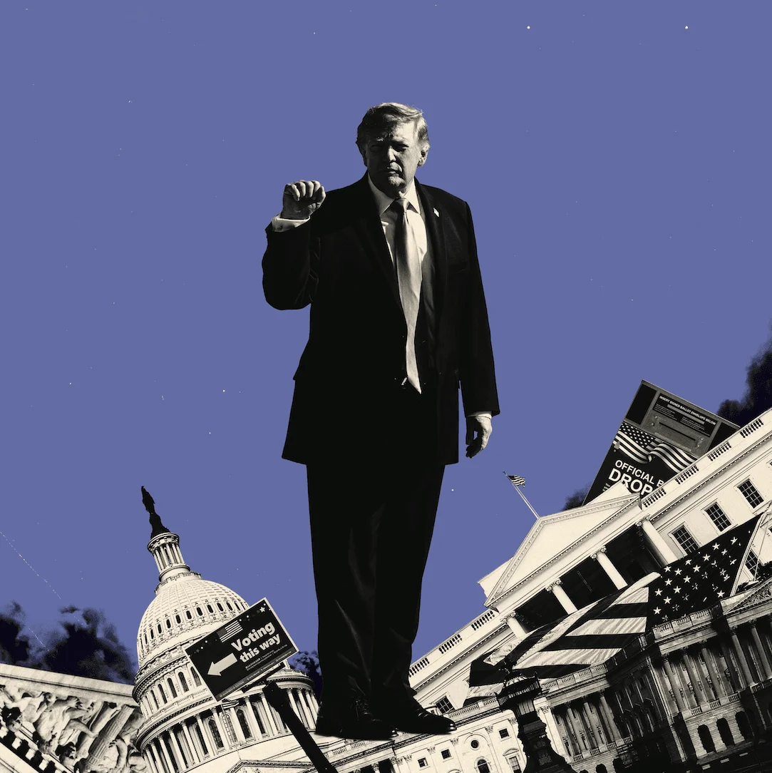 Donald Trump standing on buildings.