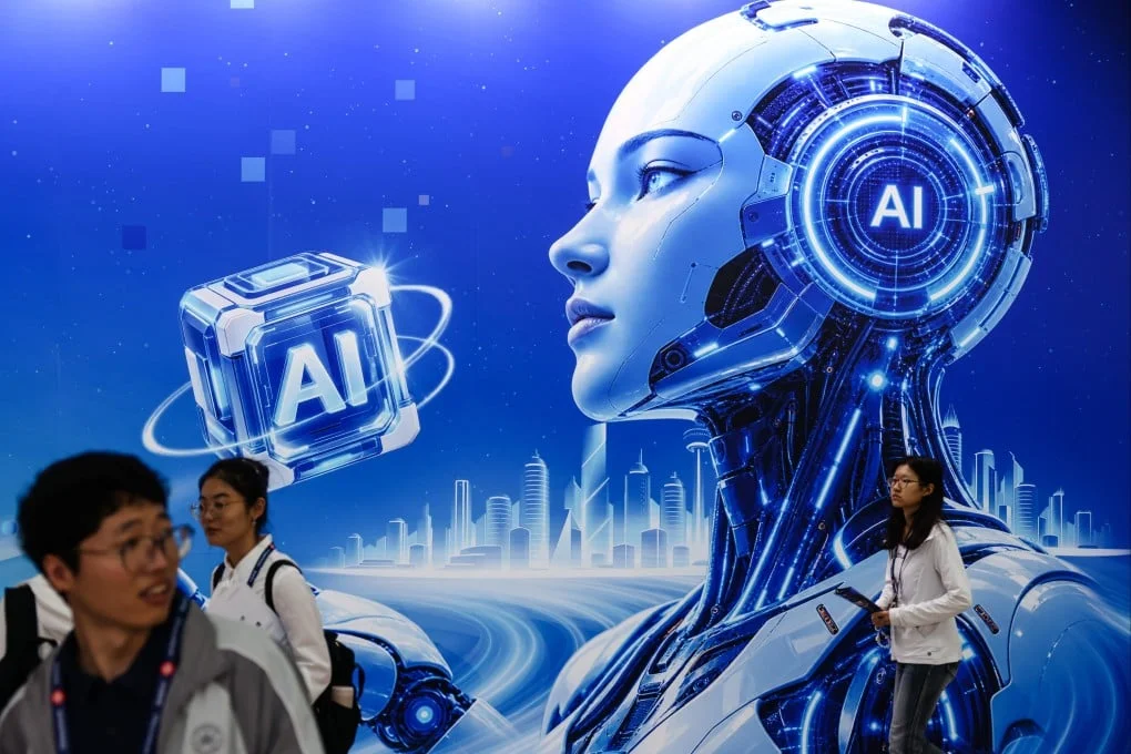 An AI-themed display at the 2026 People and Technology Expo in Beijing on September 22. Photo: EPA