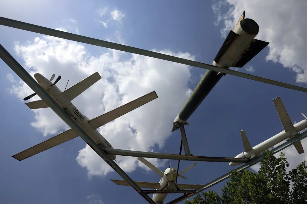 A display of Houthi-made mock drones and missiles is seen at a square in Sanaa, Yemen, in August. Photo: EPA