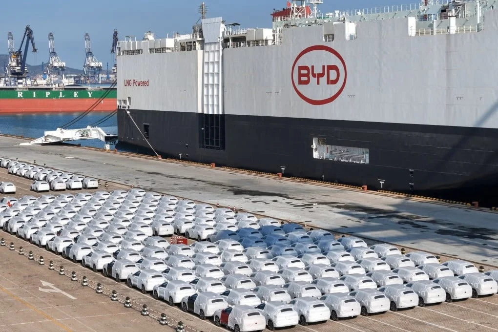 BYD electric vehicles await shipment at a port in eastern China, as growing competition from Chinese carmakers puts pressure on prices in Europe. Photo: Getty Images