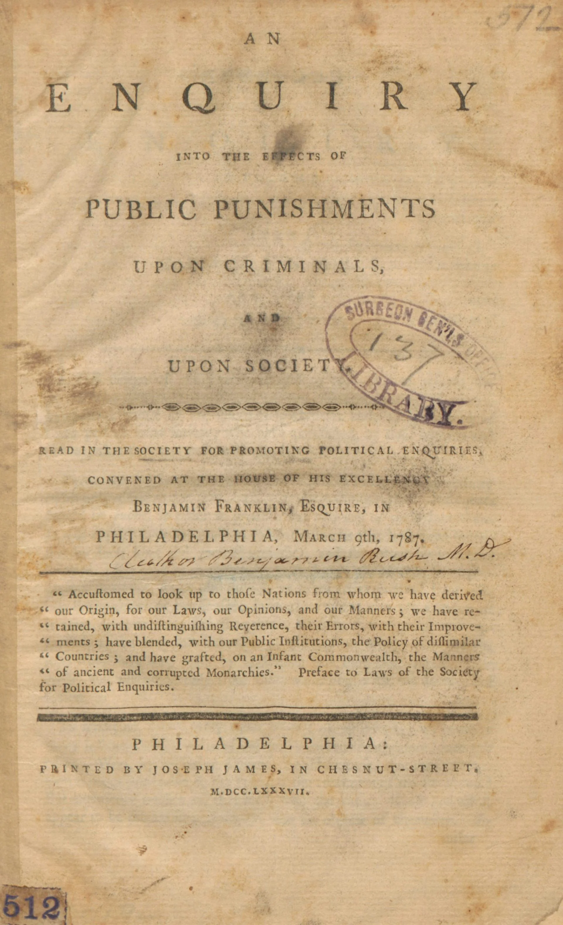A title page from an 18th-century publication, 'An Enquiry into the Effects of Public Punishments upon Criminals and upon Society.'