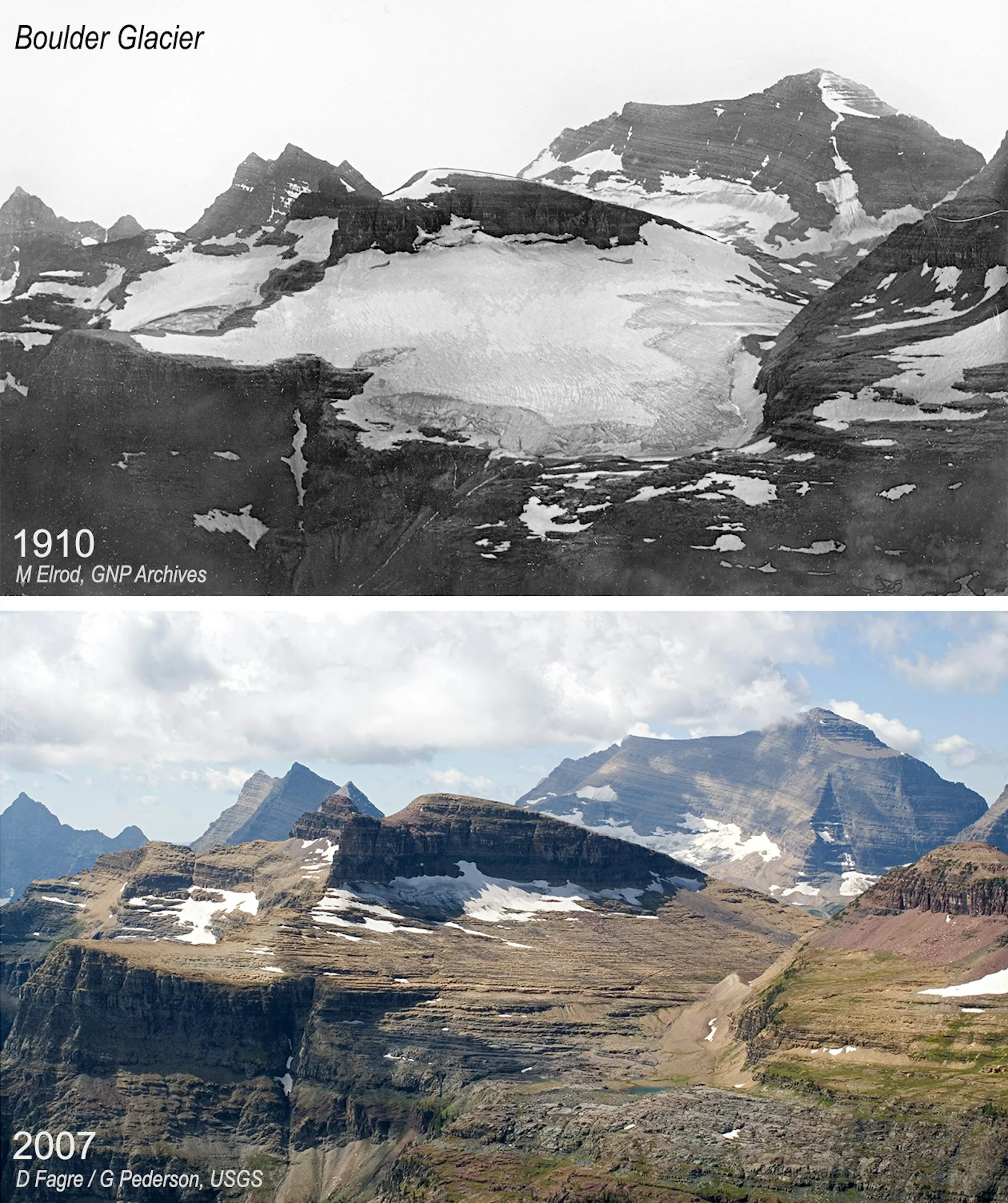Two images of the same view, with a large glacier in 1910 and only a sliver left in the shade in 2007.