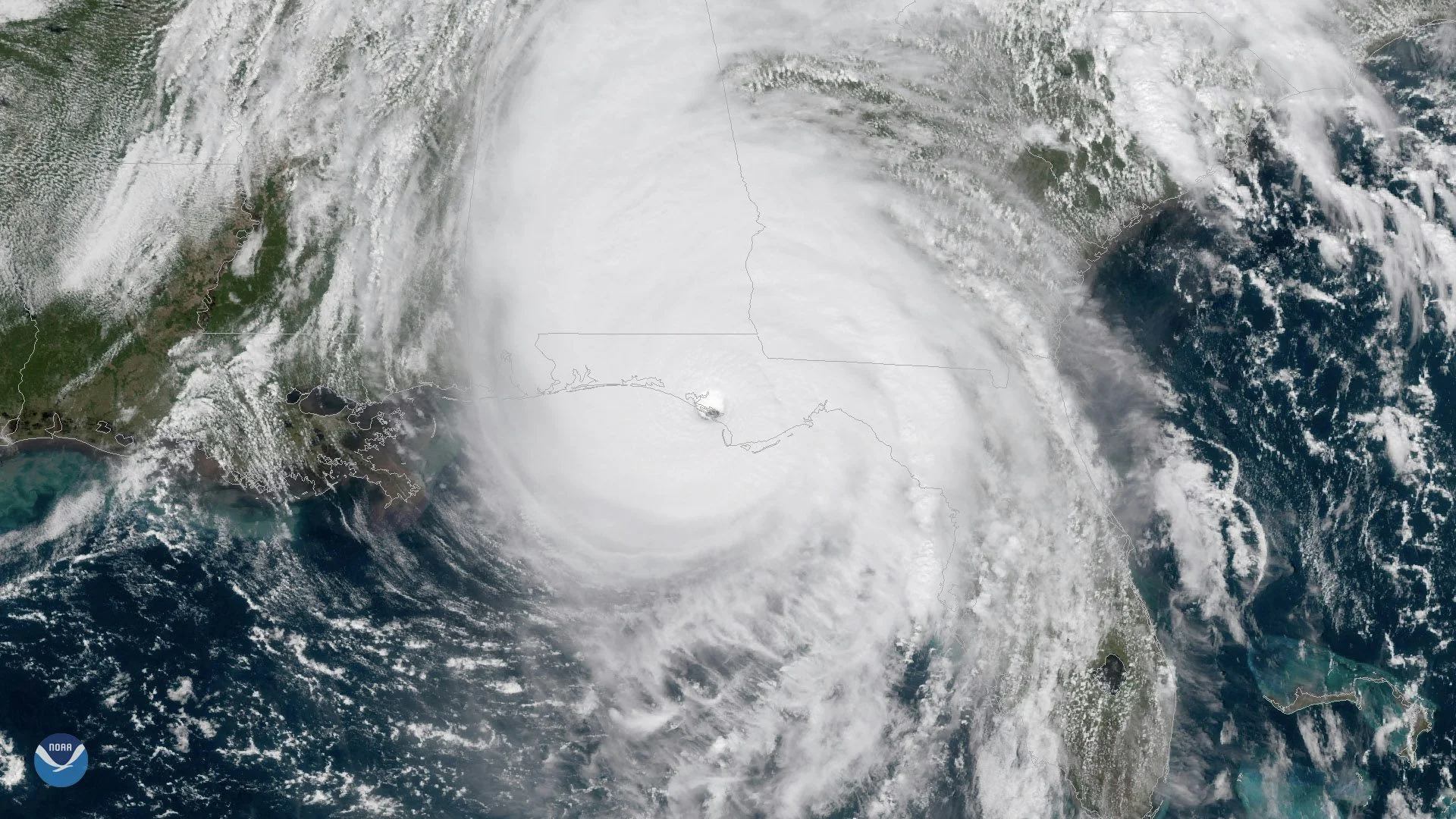 A satellite image showing the eye of the hurricane on the Florida coast.