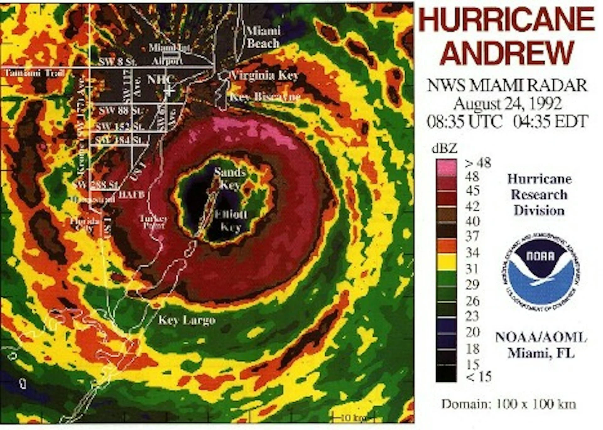 A radar image showing the reach of Andrew's rain bands indicates a small storm.