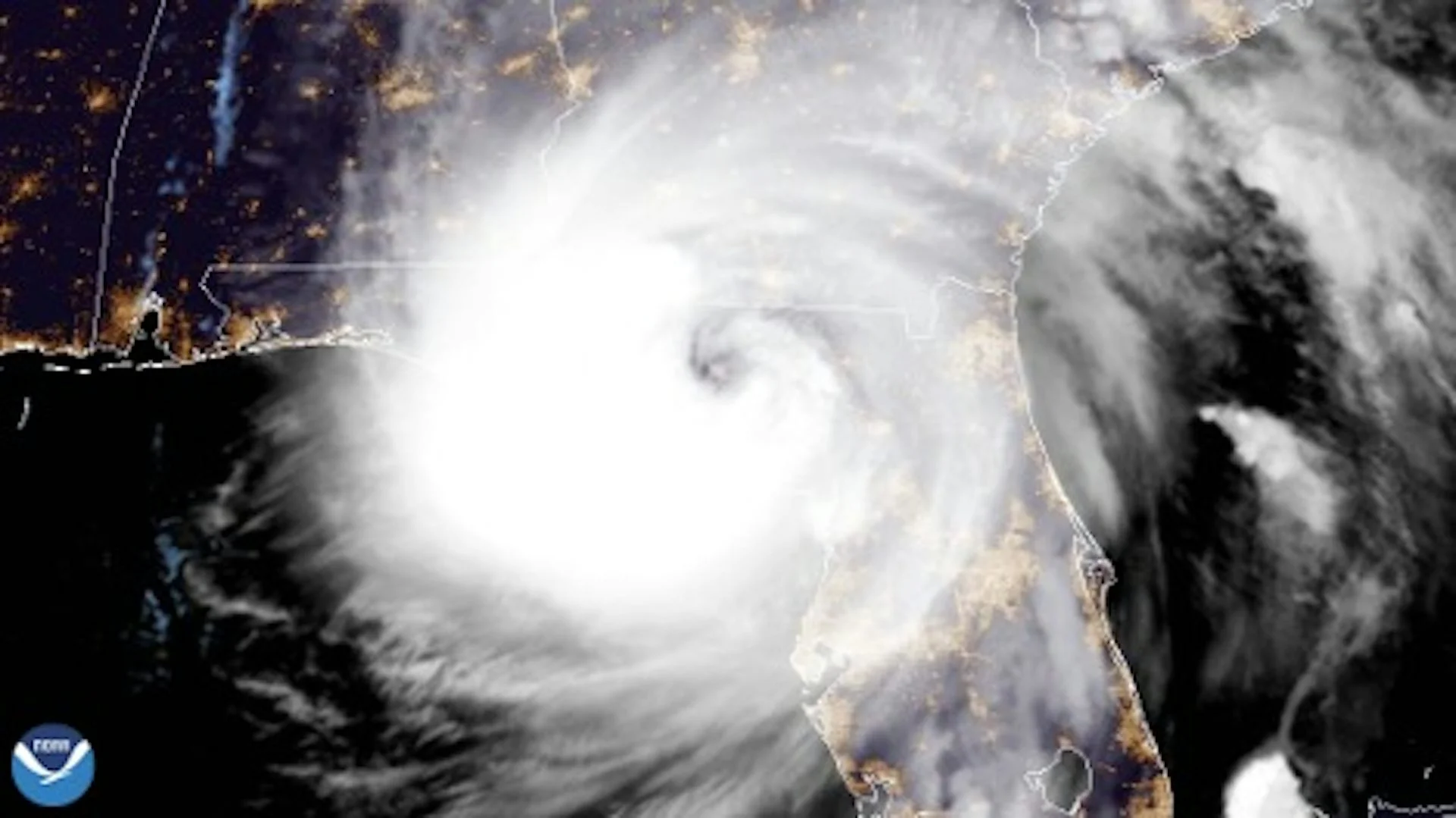 A satellite image of a very large Hurricane Helene hitting the Florida Gulf coast.