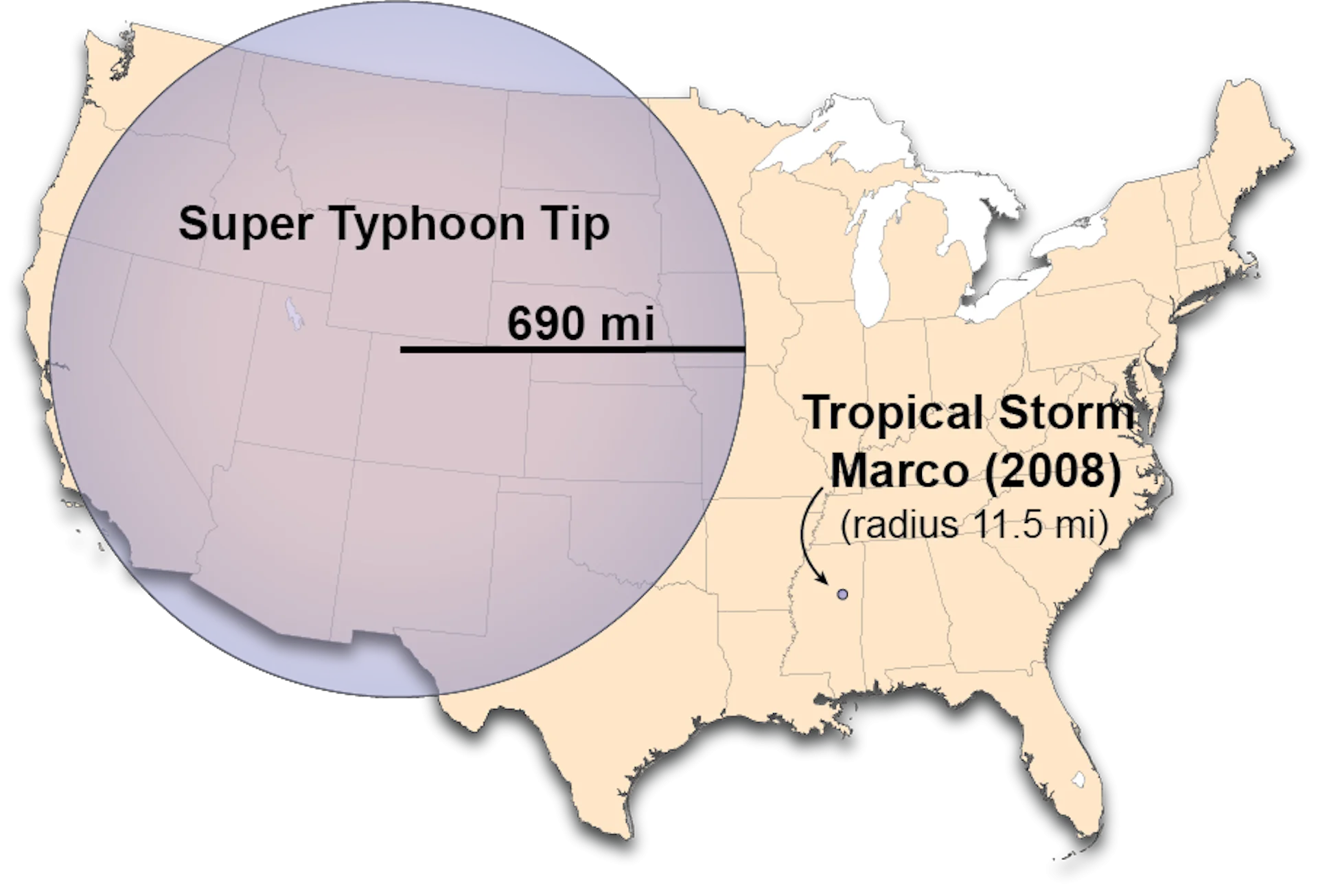 A map shows the difference in size between the largest tropical storm, Tip, which took up half the Lower 48 states, and Marcos, which was about the size of New York City.