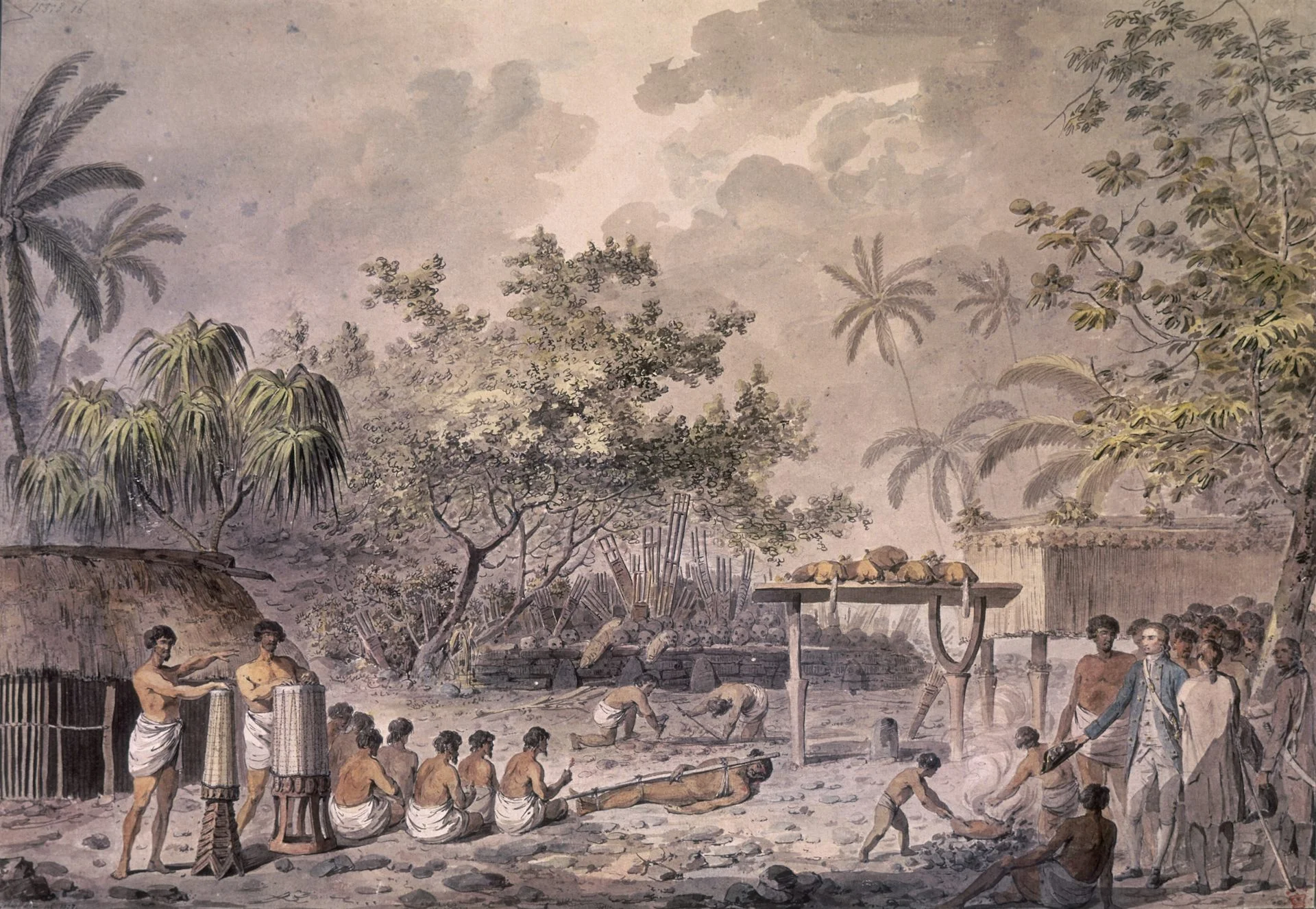 A British man and his officers watching a group of Tahitians prepare a man and some pigs for sacrifice on a tropical island.