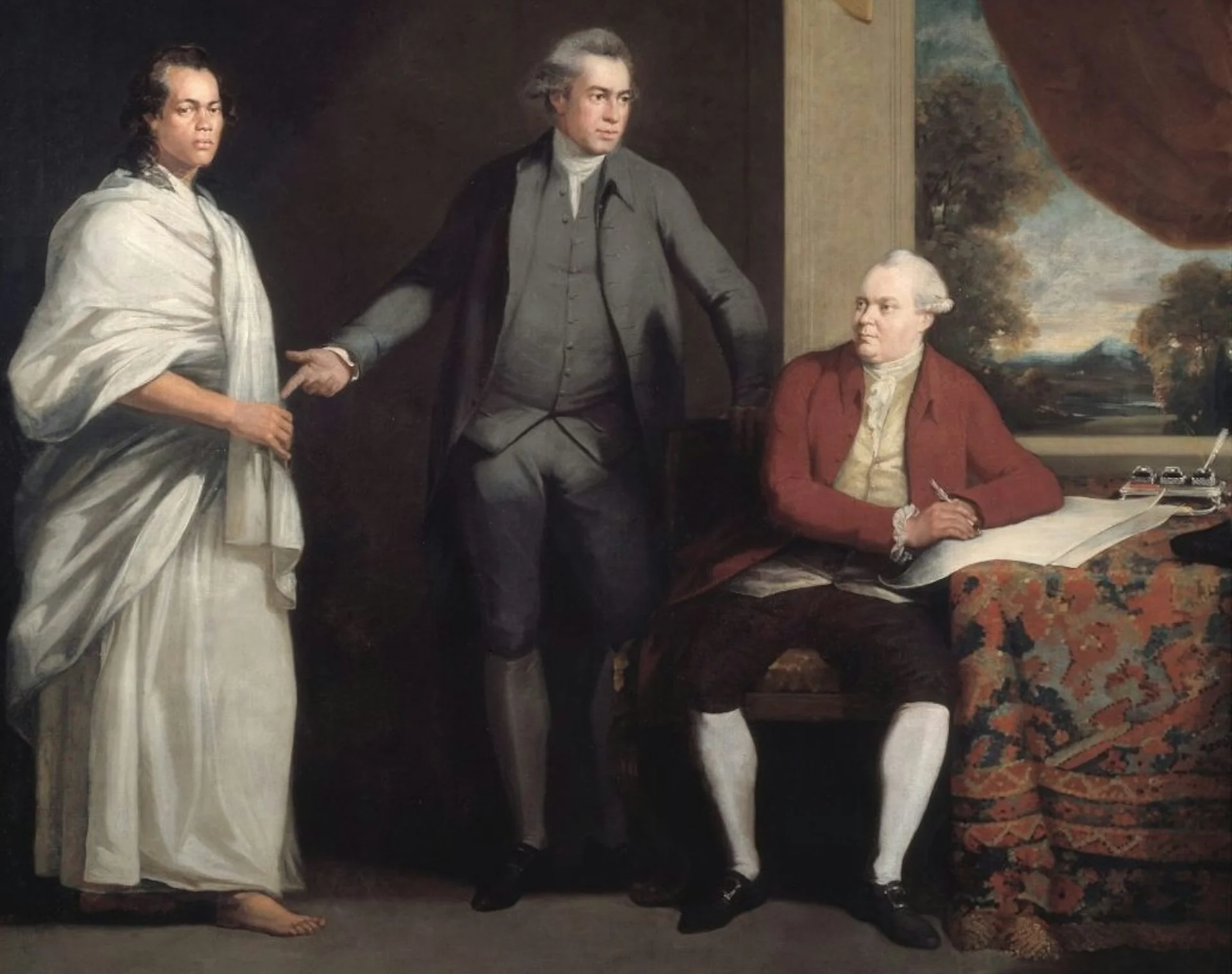 Painting of white-robed young man with brown skin being introduced by a man in a gray suit to a seated man wearing a red suit jacket.